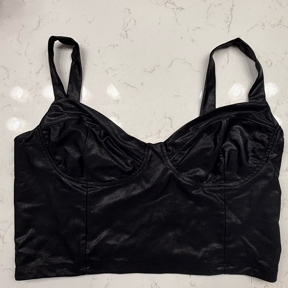Black faux leather cropped tank top